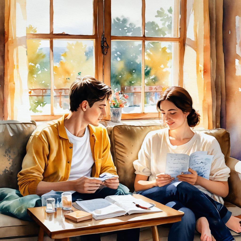 A warm, inviting scene depicting two soulmates sitting on a cozy sofa, surrounded by soft light and personal mementos symbolizing trust and intimacy. Their expressions convey deep connection and understanding, while soft, heartwarming colors fill the background. Include elements like intertwined hands, love letters, and a gentle breeze flowing through an open window. watercolor painting. warm tones.