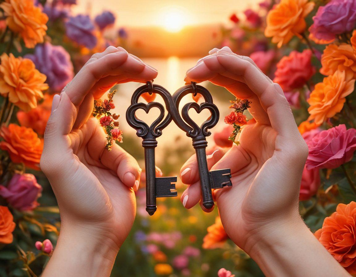 A pair of intertwined hands, delicately holding a heart-shaped key nestled in vibrant flowers, symbolizing love and connection. In the background, soft silhouettes of couples enjoying romantic moments, basking in warm sunset colors that evoke intimacy and warmth. The overall mood is heartfelt and inviting, encouraging lasting devotion. super-realistic. vibrant colors.