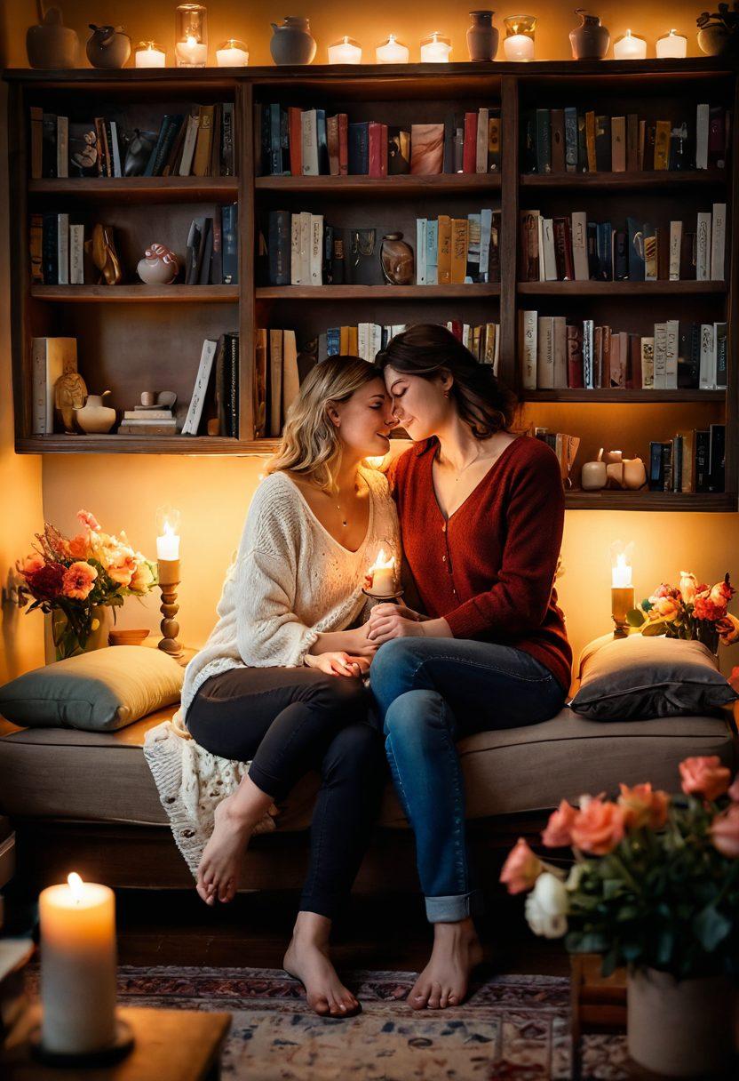 A warm, intimate scene depicting a couple sitting together in a cozy living room, surrounded by soft candlelight and blooming flowers, engaging in deep conversation. Their expressions reflect love and connection, with their hands gently intertwined. The background features a beautiful bookshelf filled with love-themed books. Create a soft, romantic atmosphere with warm tones. vibrant colors. cozy ambiance.
